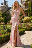 Strapless Pink Floral Mermaid Beaded Corset Long Prom Dress with Slit