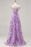 Off the Shoulder Purple Embroidered Sequin A Line Long Prom Dress with Slit