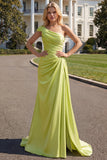 One Shoulder Green Sheath Ruched Long Prom Dress with Slit