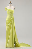 One Shoulder Green Sheath Ruched Long Prom Dress with Slit