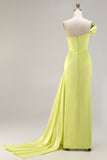 One Shoulder Green Sheath Ruched Long Prom Dress with Slit