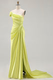 One Shoulder Green Sheath Ruched Long Prom Dress with Slit