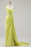 One Shoulder Green Sheath Ruched Long Prom Dress with Slit