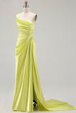 One Shoulder Green Sheath Ruched Long Prom Dress with Slit