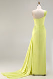 One Shoulder Green Sheath Ruched Long Prom Dress with Slit