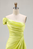 One Shoulder Green Sheath Ruched Long Prom Dress with Slit