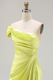 One Shoulder Green Sheath Ruched Long Prom Dress with Slit