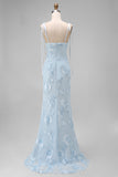Light Blue Mermaid Spaghetti Straps Long Prom Dress with Appliques