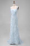 Light Blue Mermaid Spaghetti Straps Long Prom Dress with Appliques