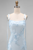 Light Blue Mermaid Spaghetti Straps Long Prom Dress with Appliques