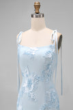 Light Blue Mermaid Spaghetti Straps Long Prom Dress with Appliques