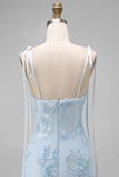 Light Blue Mermaid Spaghetti Straps Long Prom Dress with Appliques