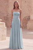 Strapless Yellow A Line Appliqued Maxi Bridesmaid Dress