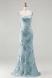 Light Blue Mermaid Spaghetti Straps Long Prom Dress with Appliques