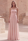 Strapless Yellow A Line Appliqued Maxi Bridesmaid Dress