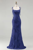 Light Blue Mermaid Spaghetti Straps Long Prom Dress with Appliques