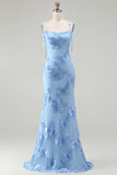 Light Blue Mermaid Spaghetti Straps Long Prom Dress with Appliques