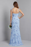 Light Blue Mermaid Spaghetti Straps Long Prom Dress with Appliques