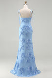 Light Blue Mermaid Spaghetti Straps Long Prom Dress with Appliques