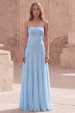 Strapless Yellow A Line Appliqued Maxi Bridesmaid Dress