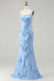 Light Blue Mermaid Spaghetti Straps Long Prom Dress with Appliques