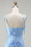 Light Blue Mermaid Spaghetti Straps Long Prom Dress with Appliques