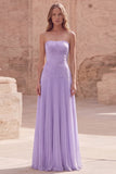 Strapless Yellow A Line Appliqued Maxi Bridesmaid Dress