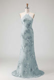 Light Blue Halter Mermaid Open Back Long Prom Dress with Appliques