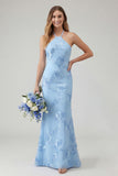 Light Blue Halter Mermaid Open Back Long Prom Dress with Appliques