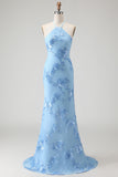 Light Blue Halter Mermaid Open Back Long Prom Dress with Appliques