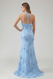Light Blue Halter Mermaid Open Back Long Prom Dress with Appliques