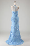 Light Blue Halter Mermaid Open Back Long Prom Dress with Appliques