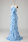 Light Blue Halter Mermaid Open Back Long Prom Dress with Appliques