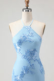 Light Blue Halter Mermaid Open Back Long Prom Dress with Appliques