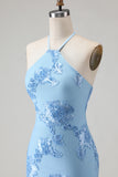 Light Blue Halter Mermaid Open Back Long Prom Dress with Appliques