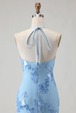Light Blue Halter Mermaid Open Back Long Prom Dress with Appliques