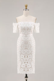 Ivory Off the Shoulder Sheath Lace Short Engagement Dress