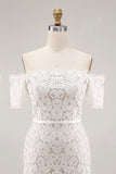 Ivory Off the Shoulder Sheath Lace Short Engagement Dress