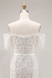 Ivory Off the Shoulder Sheath Lace Short Engagement Dress