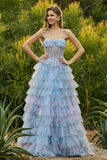 Blue Floral Corset A Line Tiered Ruffle Long Prom Dress with Slit