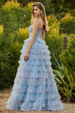 Blue Floral Corset A Line Tiered Ruffle Long Prom Dress with Slit
