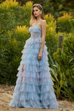Blue Floral Corset A Line Tiered Ruffle Long Prom Dress with Slit