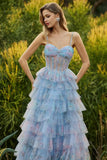 Blue Floral Corset A Line Tiered Ruffle Long Prom Dress with Slit