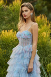 Blue Floral Corset A Line Tiered Ruffle Long Prom Dress with Slit