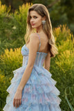 Blue Floral Corset A Line Tiered Ruffle Long Prom Dress with Slit
