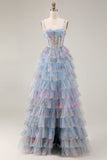Blue Floral A Line Corset Tiered Ruffle Long Prom Dress with Slit