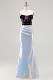 Sparkly Black Lilac Strapless Mermaid Corset Floral Long Prom Dress with Sequins