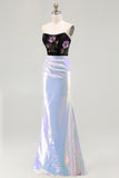 Sparkly Black Lilac Strapless Mermaid Corset Floral Long Prom Dress with Sequins