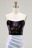 Sparkly Black Lilac Strapless Mermaid Corset Floral Long Prom Dress with Sequins