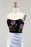 Sparkly Black Lilac Strapless Mermaid Corset Floral Long Prom Dress with Sequins